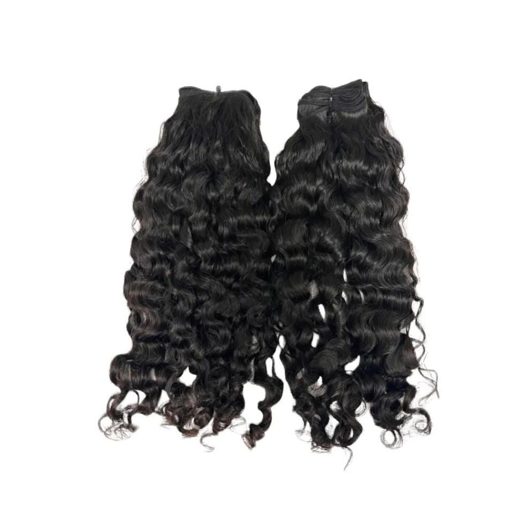 A photo of 100% curly raw Indian hair unprocessed, unbleached, and uncolored