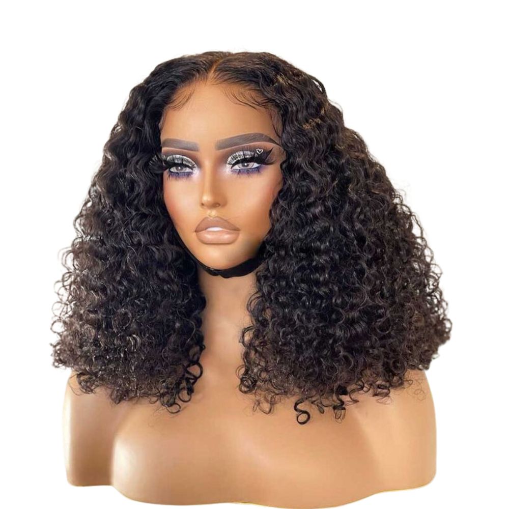A photo of a ready to ship or pre constructed Indian hair wig with glueless HD lace and raw Indian hair, styled in a curly bob