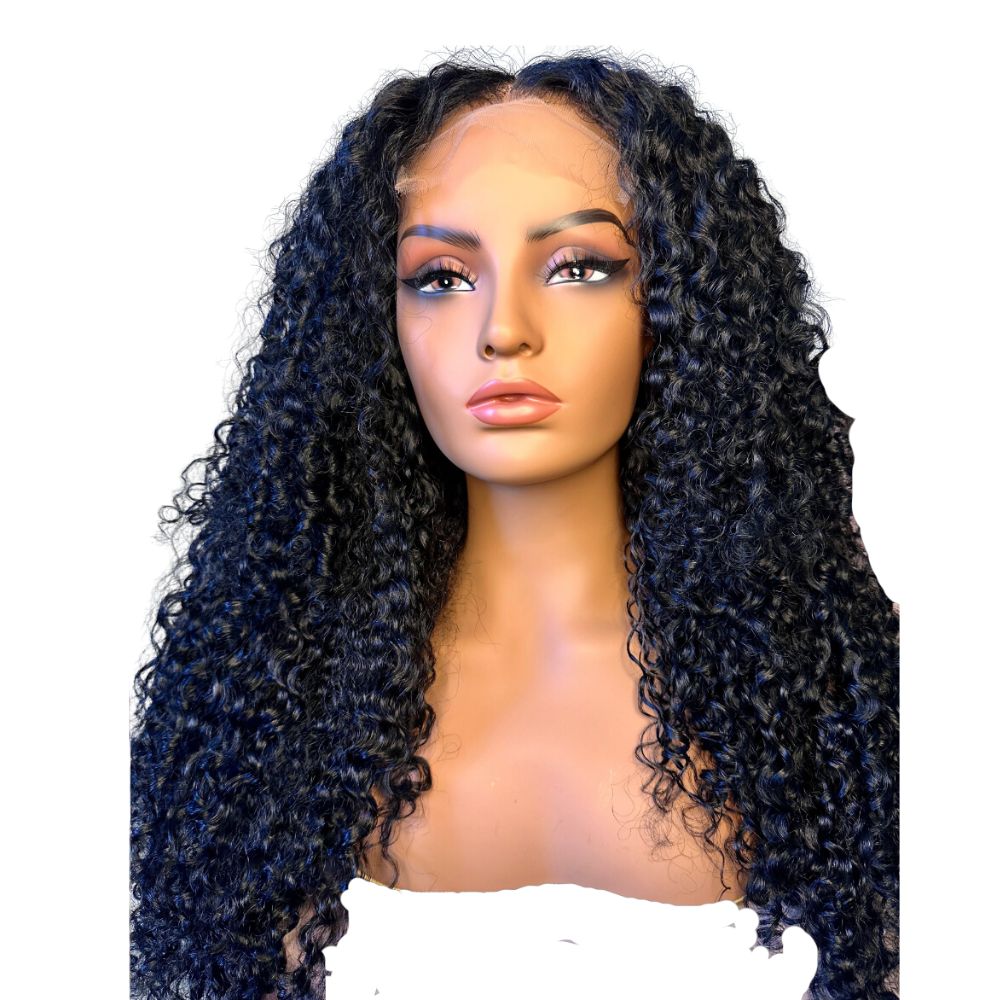 A photo of a ready to ship or pre constructed Indian hair wig with glueless HD lace and raw Indian hair, styled in a big curly and long middle part bob