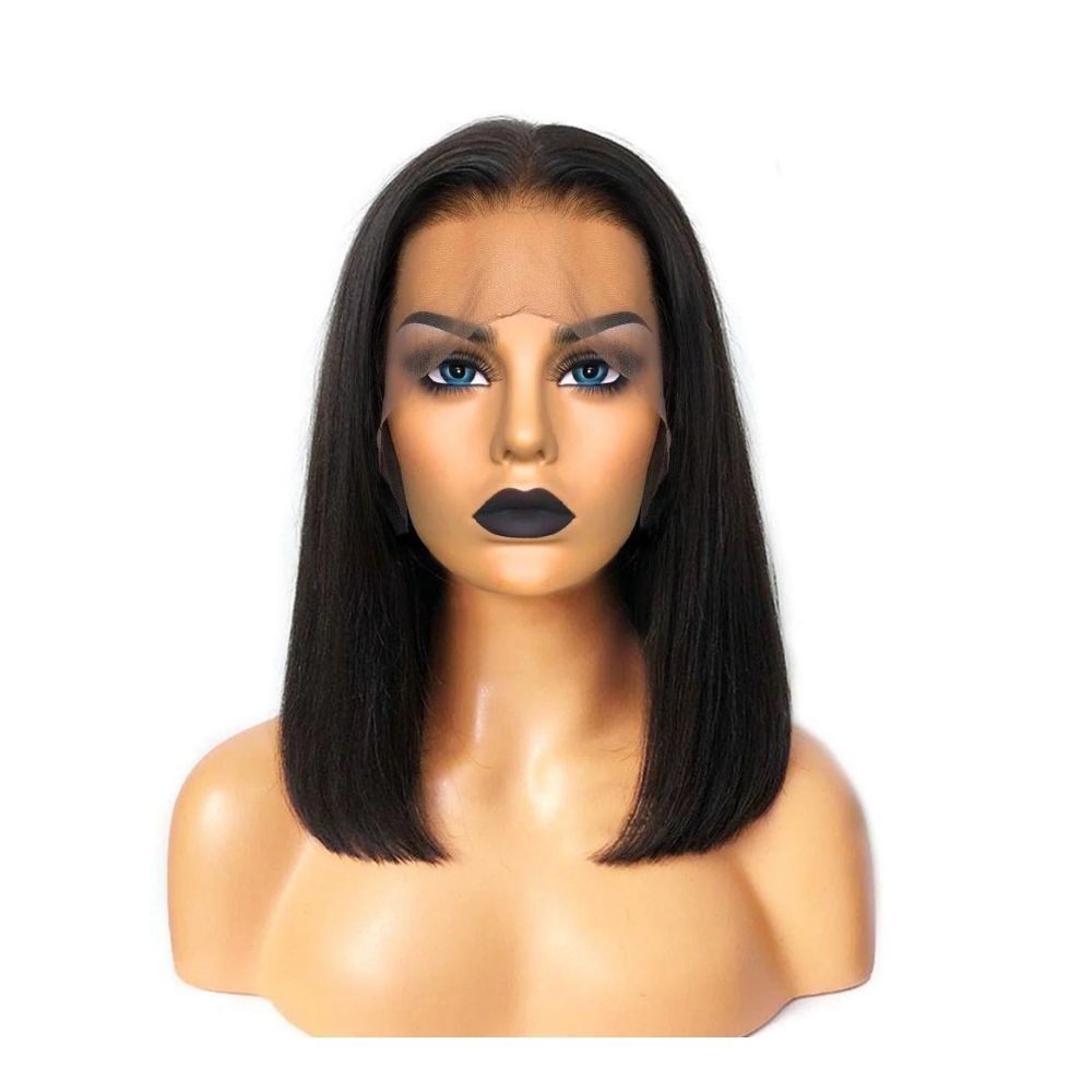 A photo of a ready to ship or pre constructed Indian hair wig with glueless HD lace and raw Indian hair, styled in sleek, straight bob