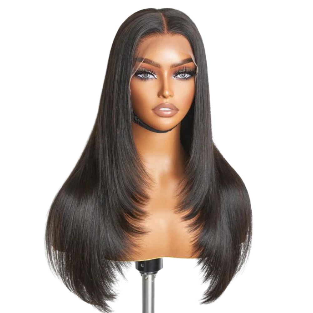 A photo of a ready to ship or pre constructed Indian hair wig with glueless HD lace and raw Indian hair, styled in sleek and straight with layers