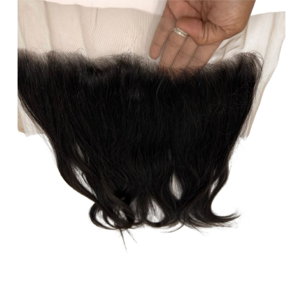 A photo of 100% HD raw straight Indian hair frontal unprocessed, unbleached, and uncolored